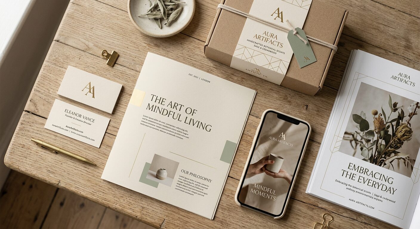 Composite cross-média HC : démonstration de la cohérence visuelle entre print, packaging, vidéo et signalétique pour une marque PMI/PME