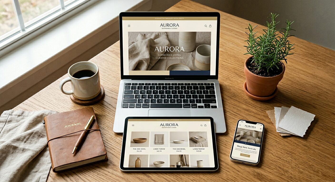Site web responsive HC Agence 360° affiché simultanément sur laptop tablette et smartphone, design premium WordPress optimisé conversion PMI/PME